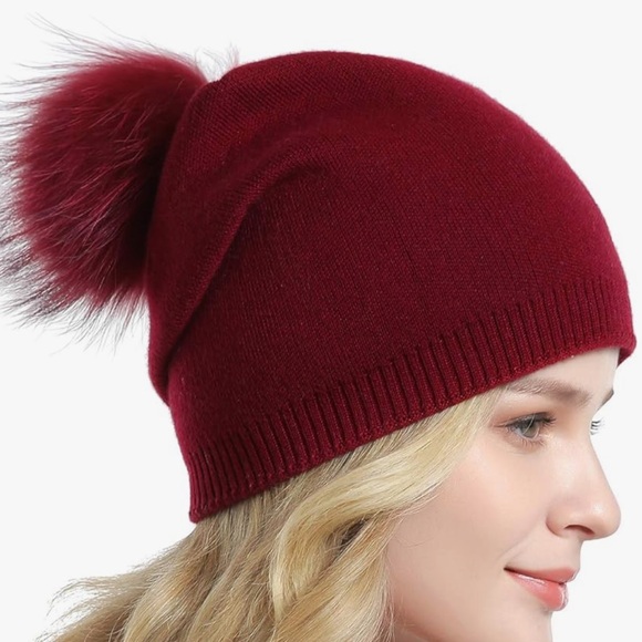 Queenfur Accessories - Women's Burgundy Pom Pom Knit Beanie - Unbranded